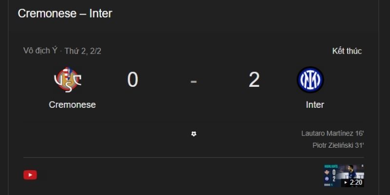Kết Quả Bóng Đá Cremonese Và Inter Ngày 02/02/2026 qua số liệu